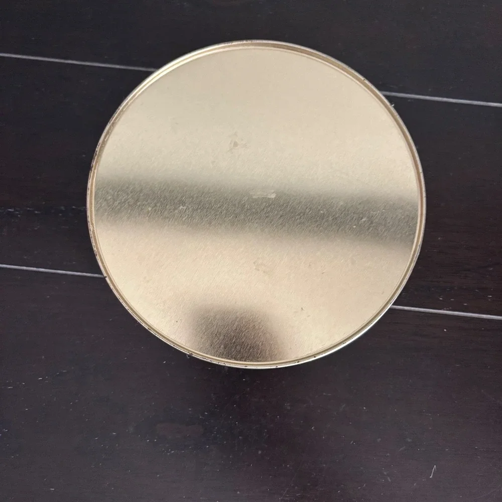 Harry and David Strawberry Print Round Gold Metal Decorative Storage Tin 6x2